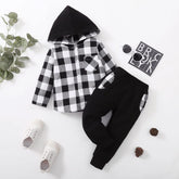Toddler Baby Boy Clothes Flannel Hooded Plaid Shirt and Long Pants Fall Winter Toddler Sweatsuit (Black and White Plaid, 18-24 Months)